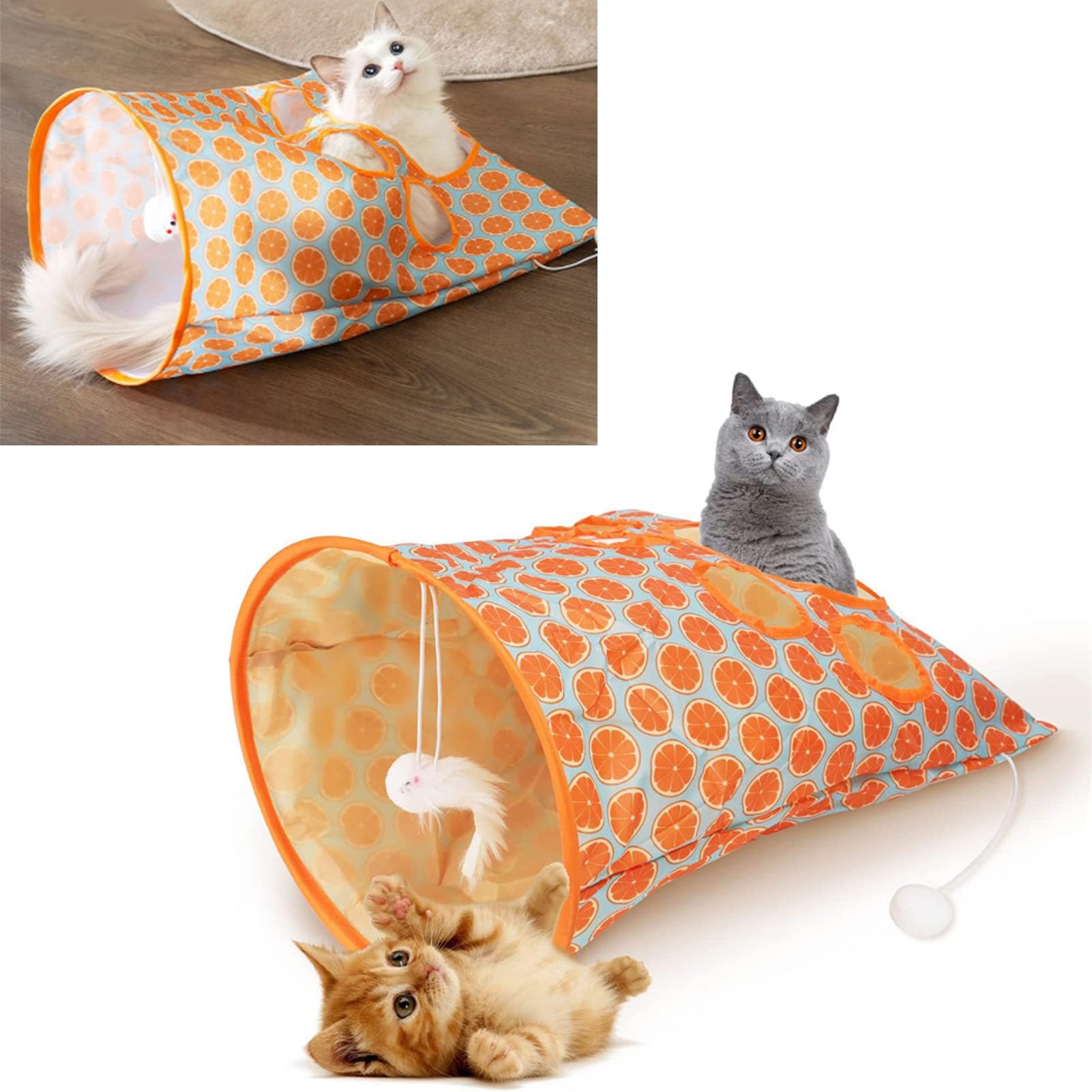 KUIDAMOS Bolsa de Túnel para Gatos, Juguete Interactivo de 5 Agujeros con Patrón Lindo para Mascotas, Cubo Resistente a los Arañazos, Ligero con Bolas de Felpa para Gatos (Naranja)