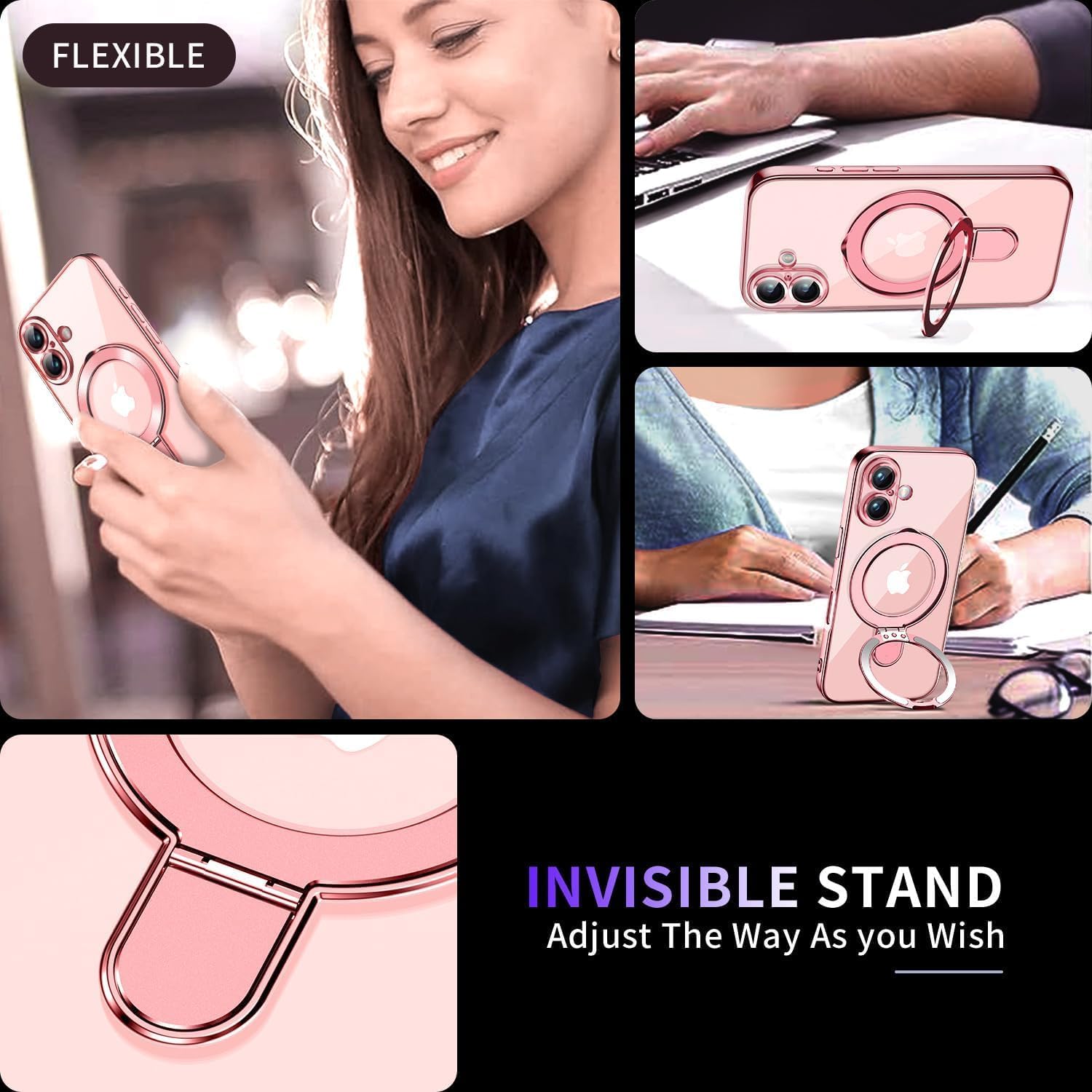 Magnetic for iPhone 16 Plus Case with Invisible Stand[Compatible with MagSafe][Full Camera Lens Protector][Military Drop Protection] Shockproof Not Yellowing Clear Slim Soft for Women Men - Image 2