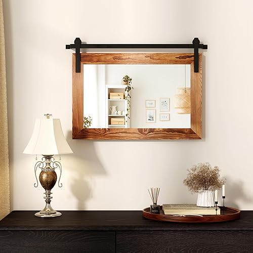 Miniatura 3 de Espejo de puerta de granero de granja, 25 x 18 pulgadas, espejo decrativo con marco de madera rústica para baño, sala de estar, decoración de pared