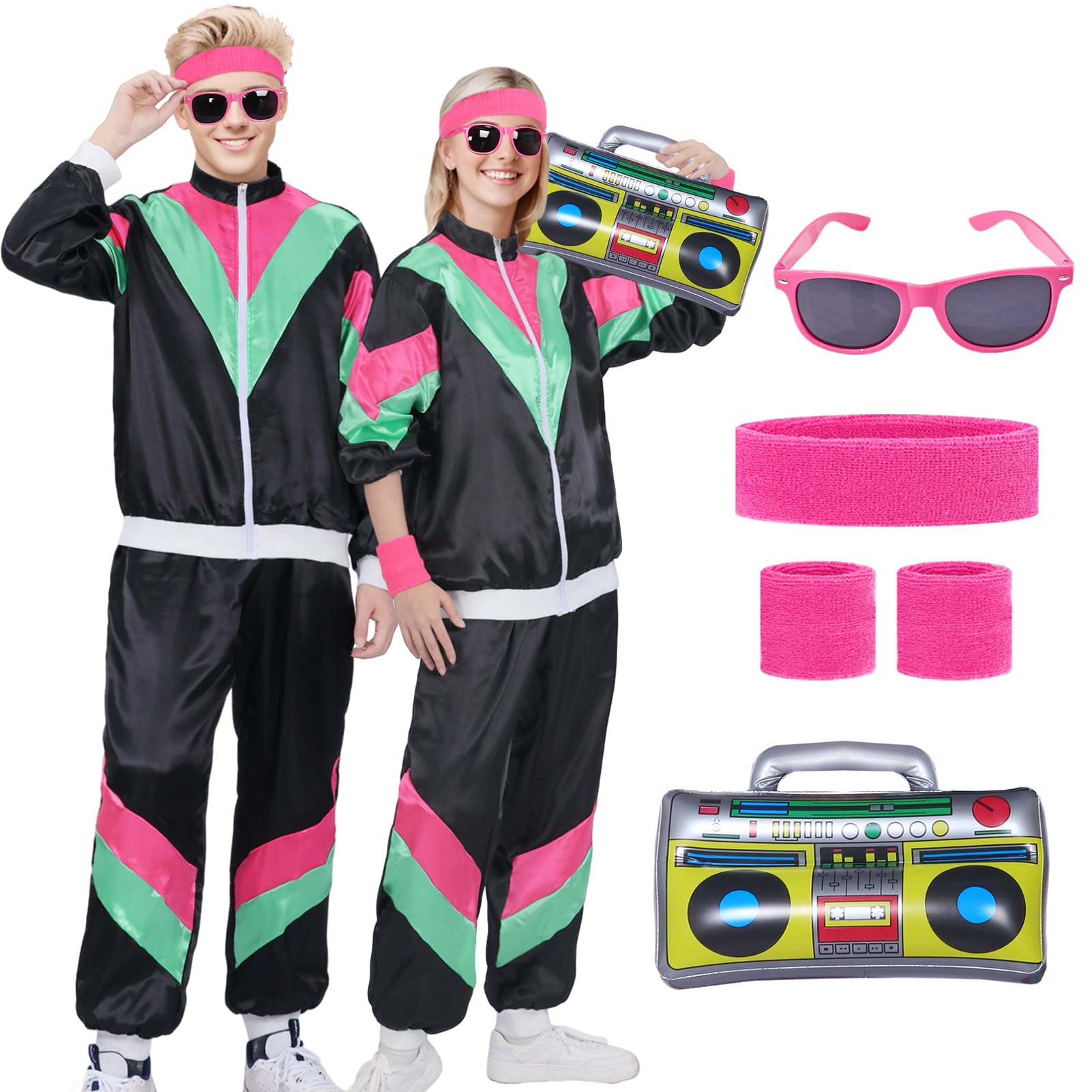 80s 90s Fancy Dress Costume Men Women Adults, Shell Suit Rave Tracksuit Outfit Retro Jacket Hip Hop Rapper Disco Neon Accessories Carnival Halloween Party (Black, 2XL)
