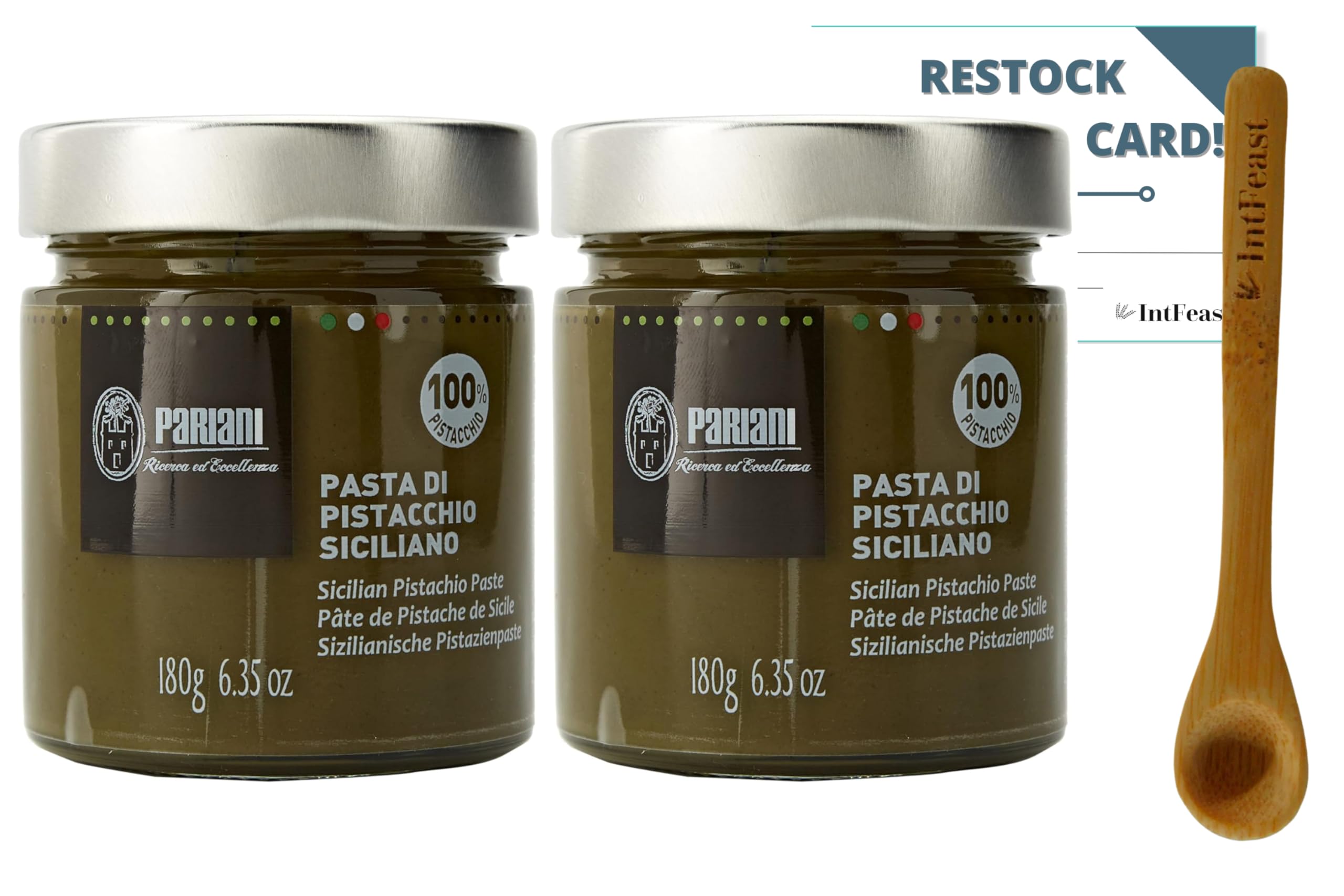 Pariani 100% Pure Unsweetened Sicilian Pistachio Paste from Italy 180 Grams (Pack of 2) with Mini Bamboo Spoon & Restock Reminder Card by IntFeast