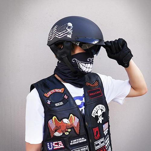 Miniatura 3 de VCOROS Casco de motocicleta Crusie con protección solar abierta de fibra de carbono Bandera de calavera, Negro liso, Negro satinado