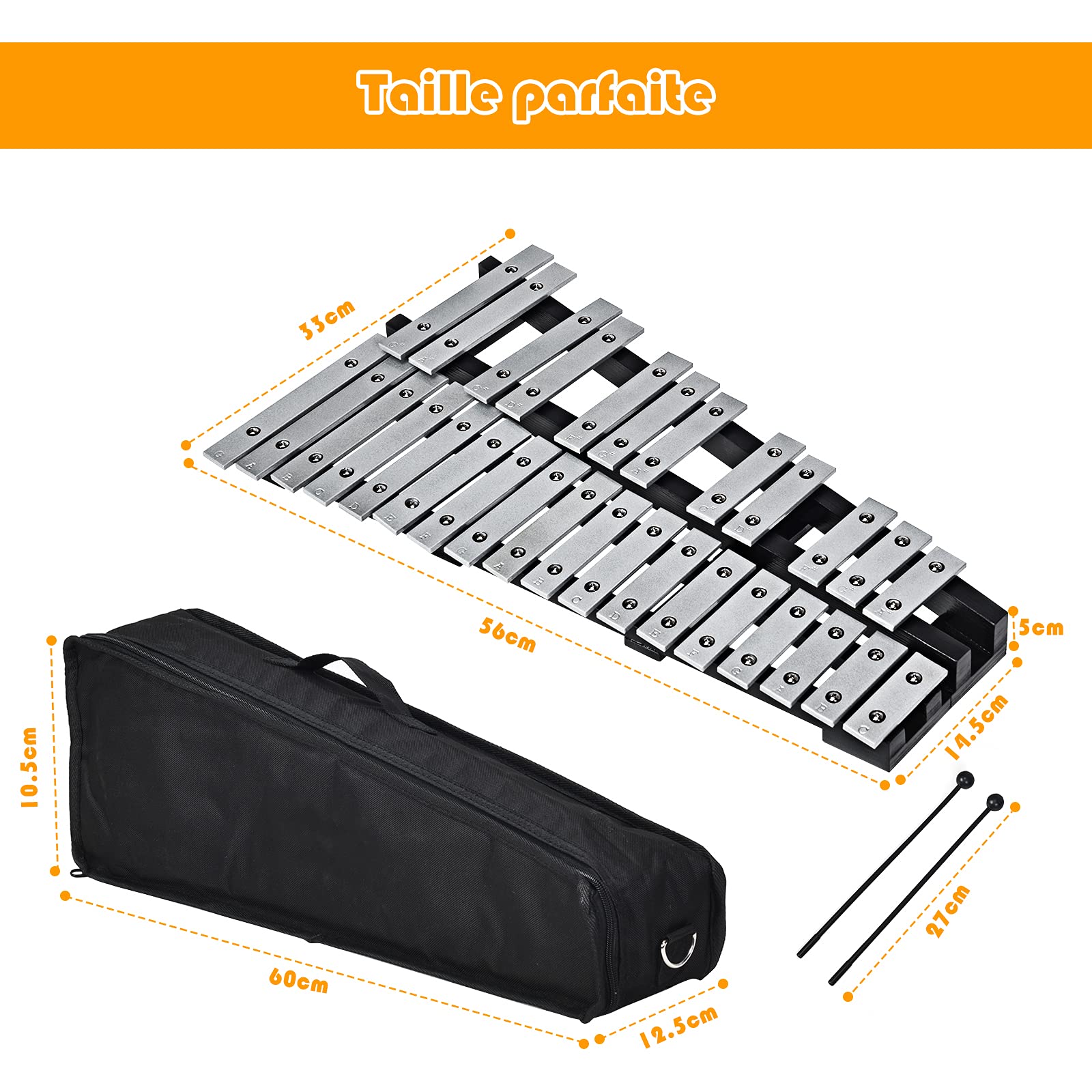 GOPLUS Glockenspiel de 30 Notes Pliable, Xylophone en Aluminium et Bois, Percussion Piano à 30 Tons, Instrument Musical Educatif et Professionnel pour Enfant, Portable avec Sac, Argenté