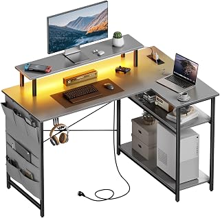 HLONONE L-Shaped Desk LED Corner Desk with 2 Outlets and 2 USB Ports, Computer Desk with Monitor Stand and Storage Space, Office Desk for Home Office, 110 x 80 x 74 cm, Grey