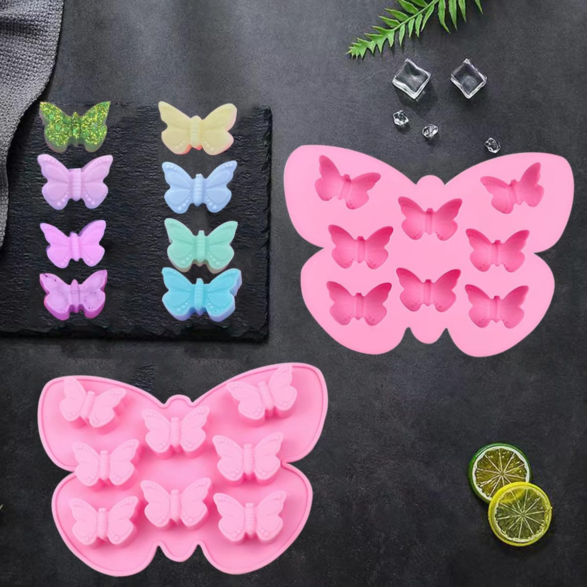 Silicone Butterfly Molds - 8 Cavity Candy & Ice Cube Trays, Wax Melt Molds for Soap, Pudding, Chocolate (3Pcs)