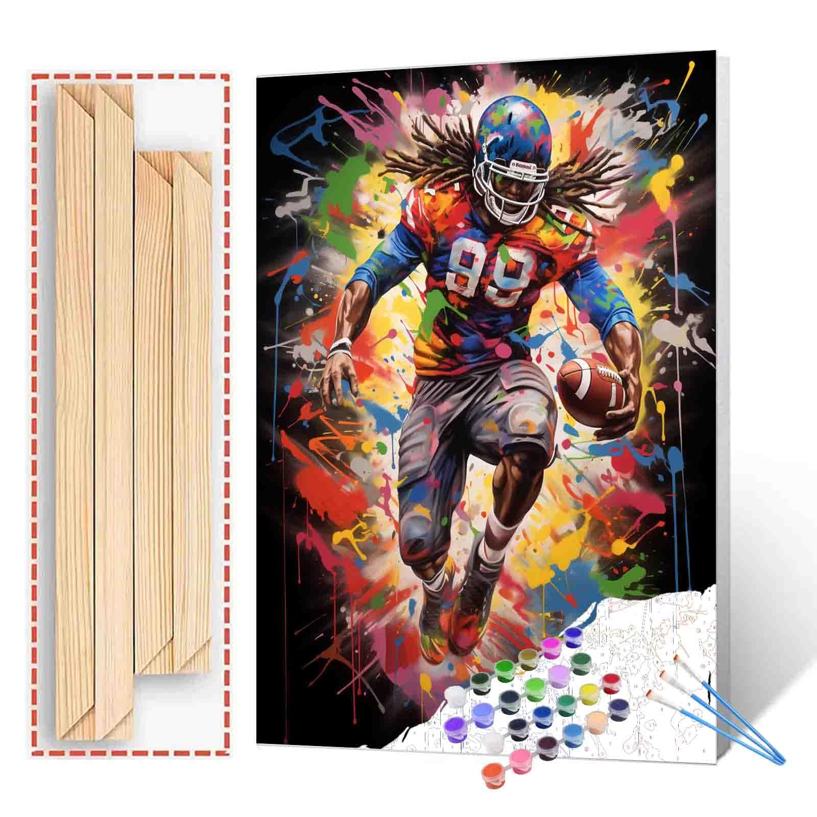 Extreme Sports Paint by Number Sportmen Playing America Football DIY Acrylic Oil Paintings Kit for Adults Beginner Graffitic Canvas Paintwork Craft Home Decor 16x20 Inch Gift（DIY Frame)