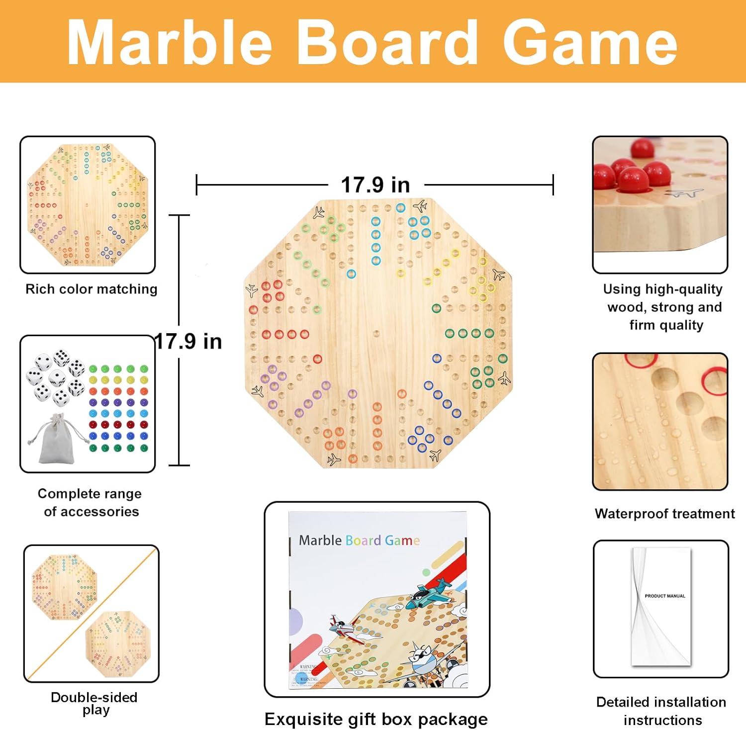 HOROW Wahoo Board Game Wooden Original Board Game Classic 2 Side Painted Fast Track Game for 6 Player and 8 Player with 32 Marbles,8 Dices for Family Game Night(8-Player,Log)