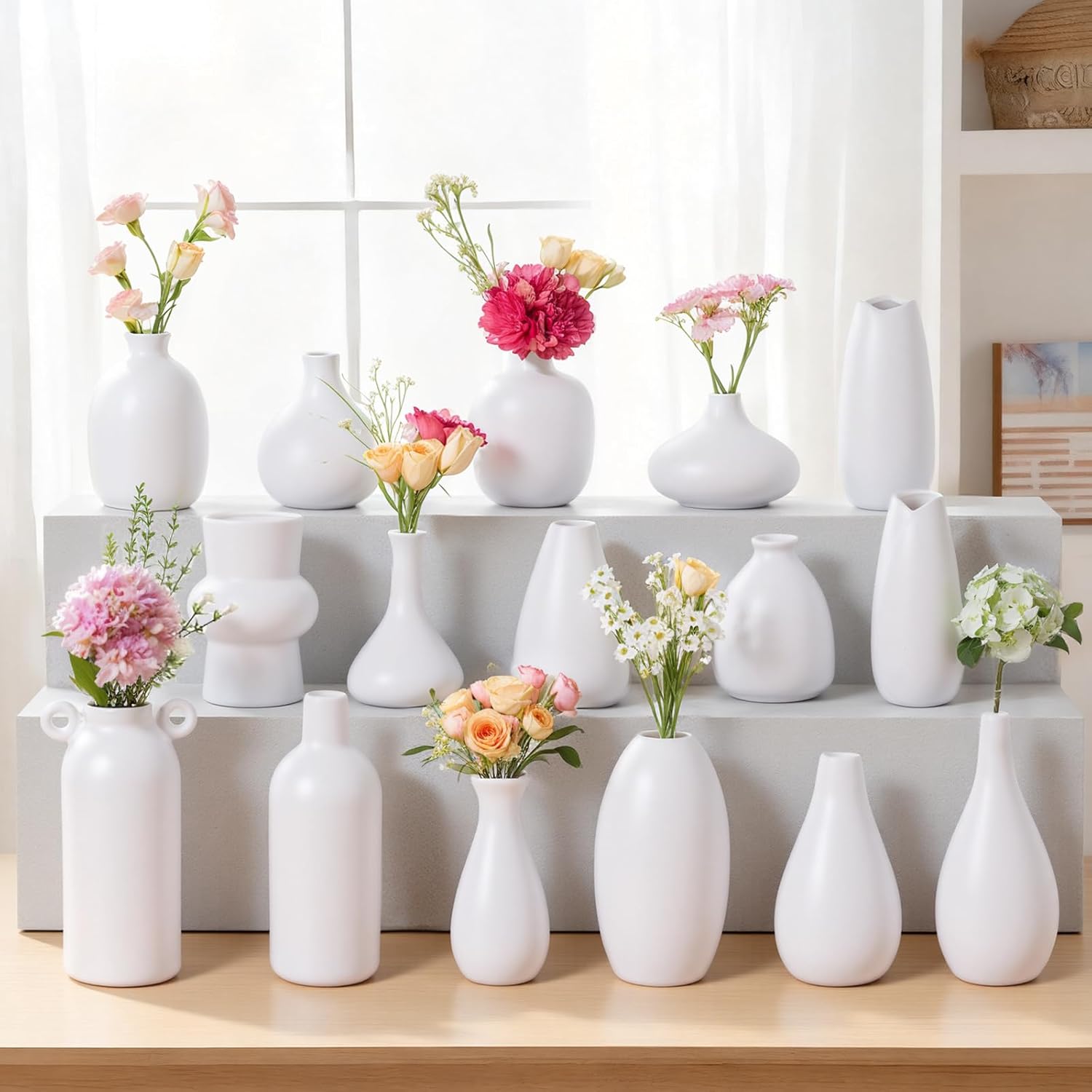 Small White Ceramic Vase Set of 16,Bulk Mini Bud Vases for Flowers and Pampas Grass,Boho Centerpieces for Party/DIY Weddings/Coffee Table/Counter Decor,Bedroom/Living Room/Home Decor (16, White)