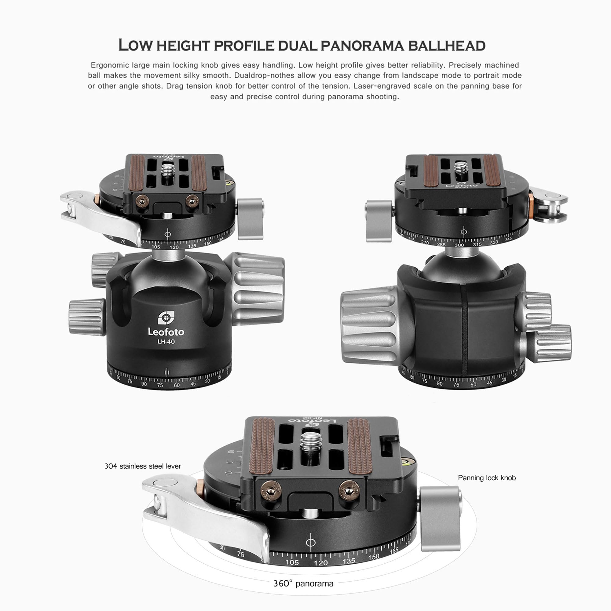 LEOFOTO Cabezal de bola de trípode LH-40PCL, función panorámica dual + placa de liberación rápida NP-60