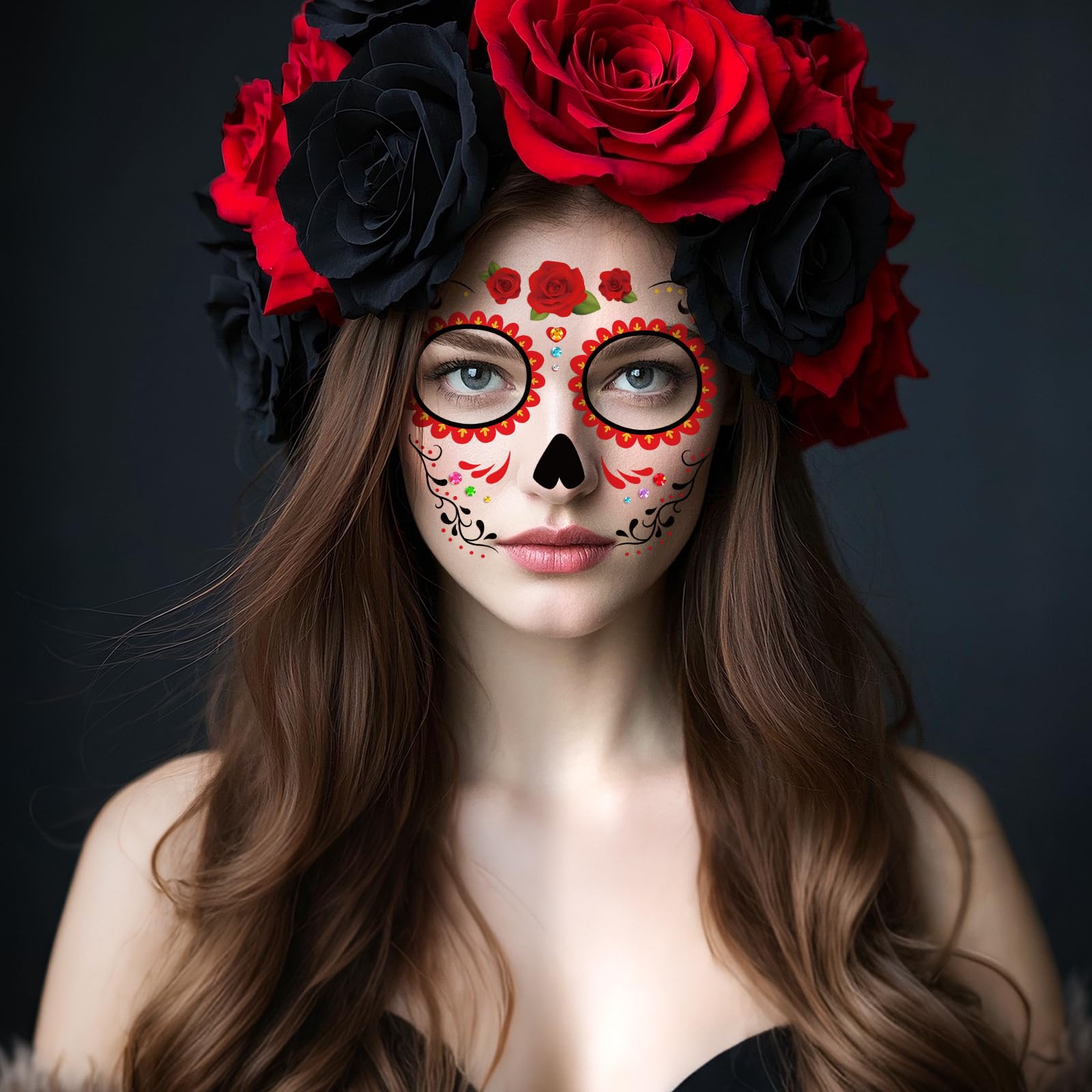 DPKOW Sugar Skull Face Tattoos Halloween Makeup Accessories Day of the Dead Adults Women Men - Image 3
