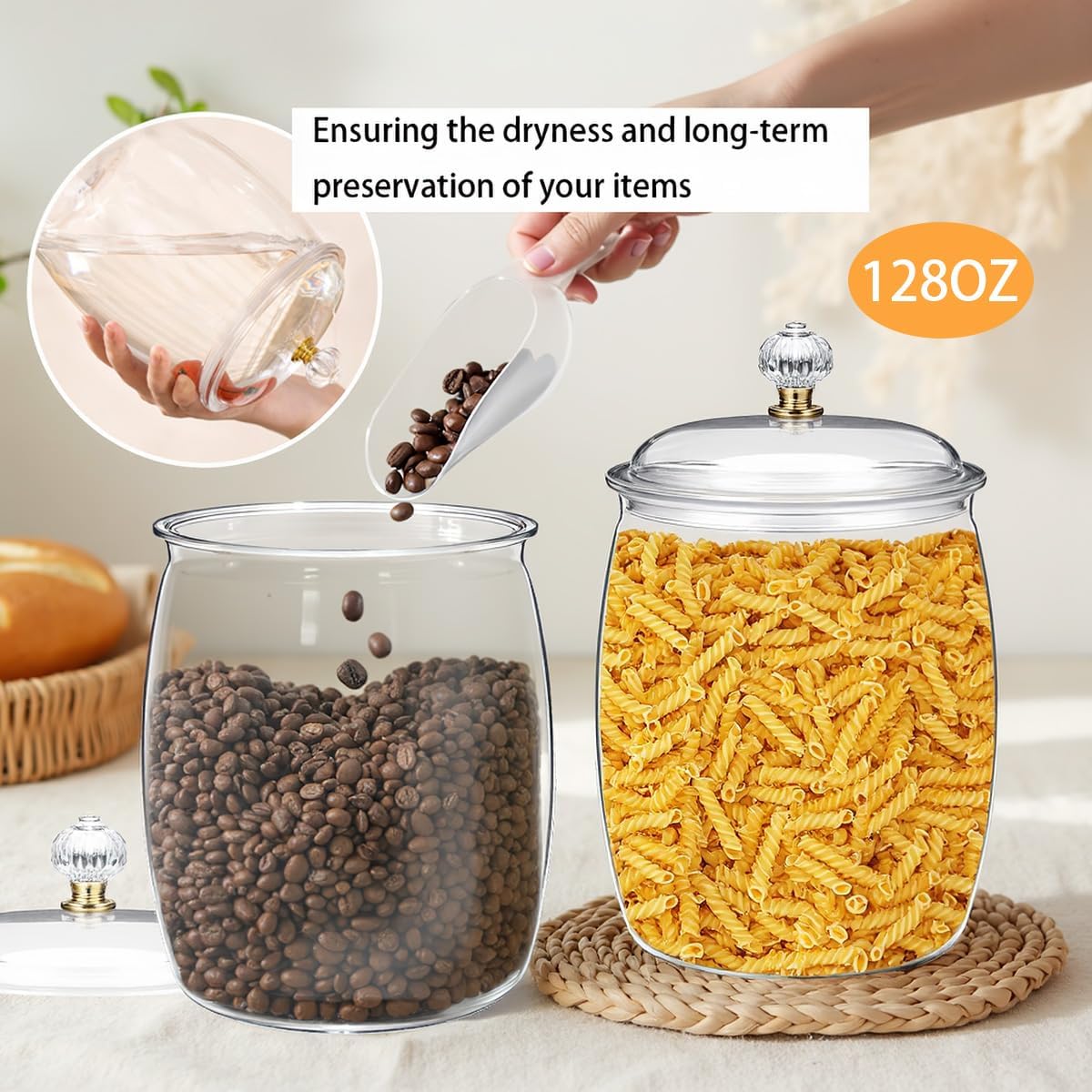 2 Pcs Plastic Candy Jars Cookie Jars with Airtight Lids, 128 Oz Food Organization Canisters for Kitchen, Clear Decorative Apothecary for Cookie, Candy, Sugar, Coffee, Nuts (2 Jars 128 Oz+2 Scoops)