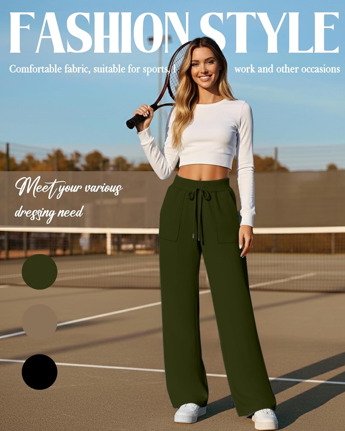 3 Pack Women's Wide Leg Sweatpants Baggy Workout High Waist Drawstring Jogger Casual Yoga Pants with Pocket - Image 3