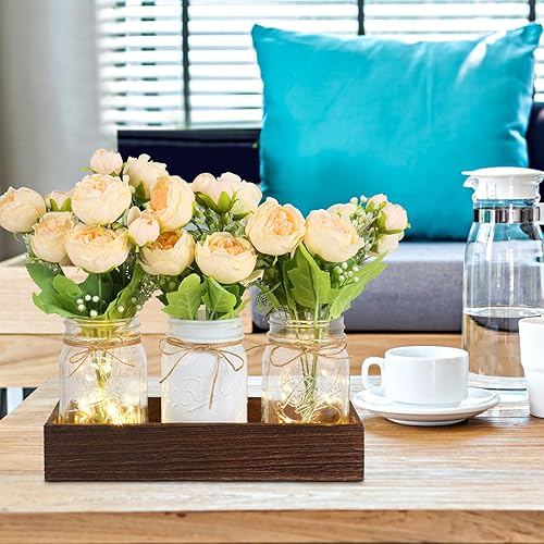 Miniatura 7 de Fowecelt Decoración de mesa con luces de tarro de masón decoración para comedor sala de estar cocina bandeja de madera con 3 frascos de masón centro