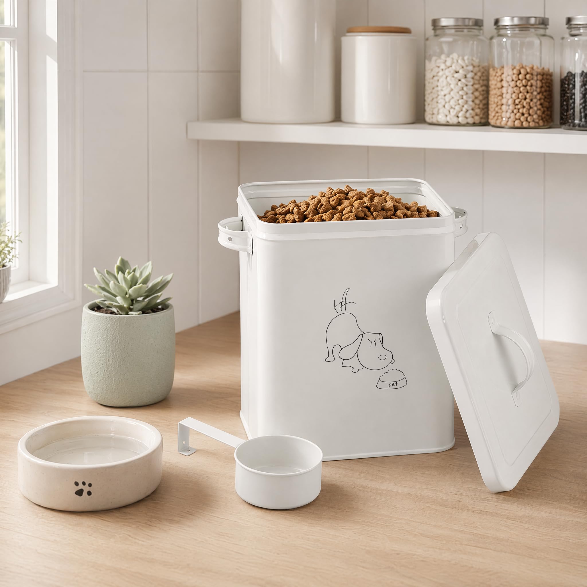 SOUJOY Contenitore per alimenti e dolcetti per animali domestici, con coperchio e paletta, 2,7 kg, bianco, vintage, in acciaio al carbonio, regalo per proprietari di cani