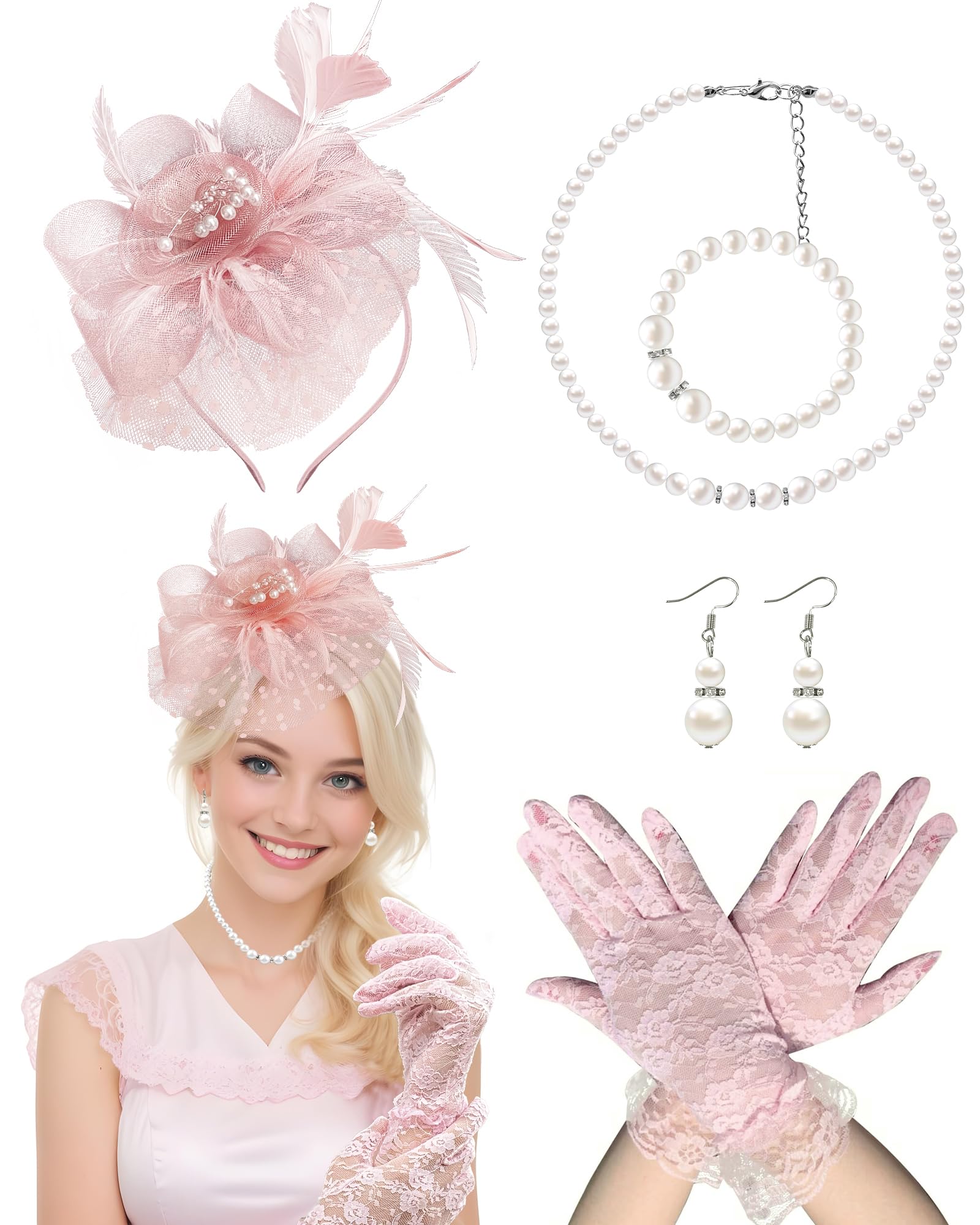 BnsikunFascinator Hat for Women Tea Party Hats Mesh Veil Headband Tea Party Headpiece and Lace Glove Set for Women 1920s Party