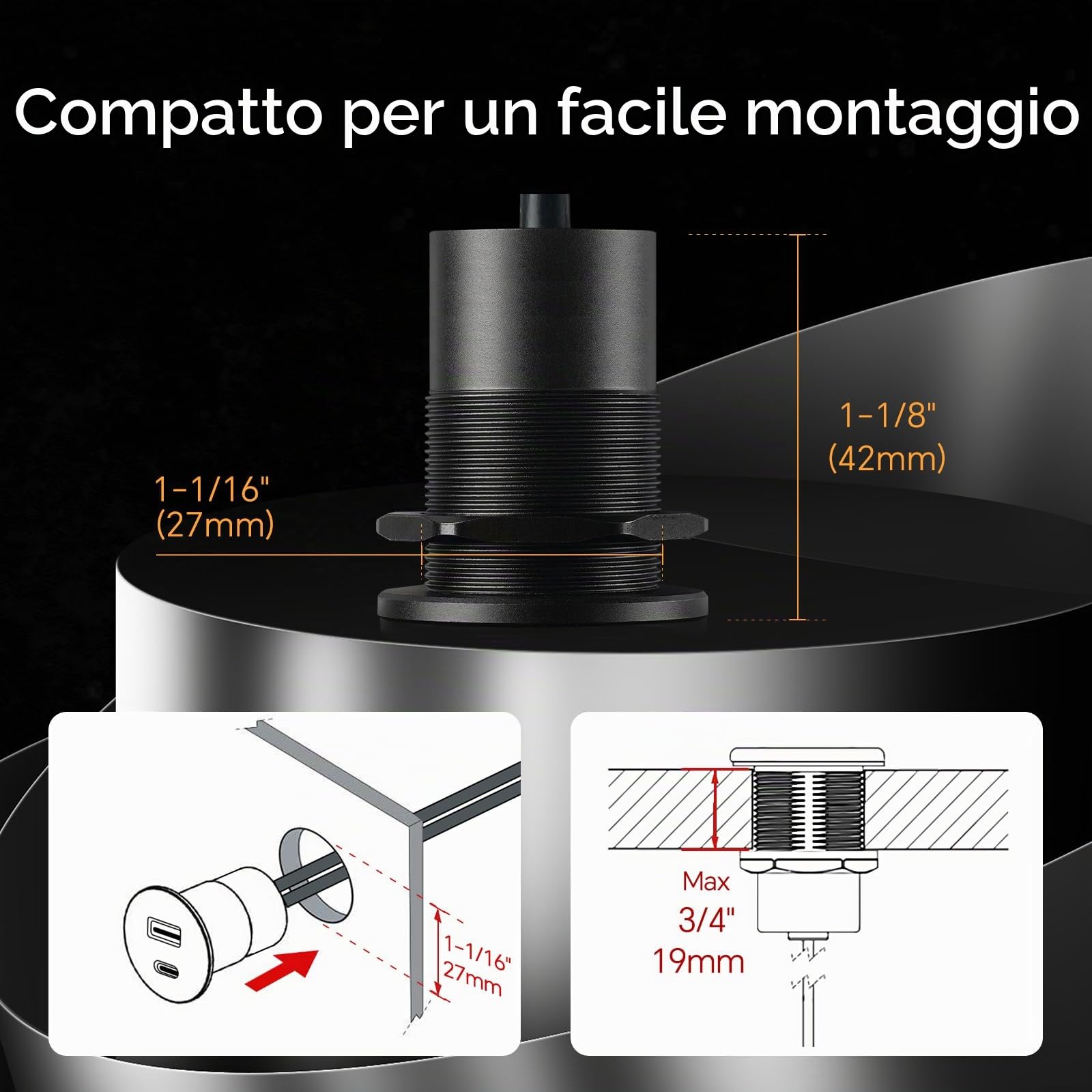 Alluminio Presa USB 12V Camper Auto, Dual Porta Tipo C PD3.0 & USB-A QC3.0 Caricatore Carica Rapida per Roulotte Barca Camion (38W x 2)