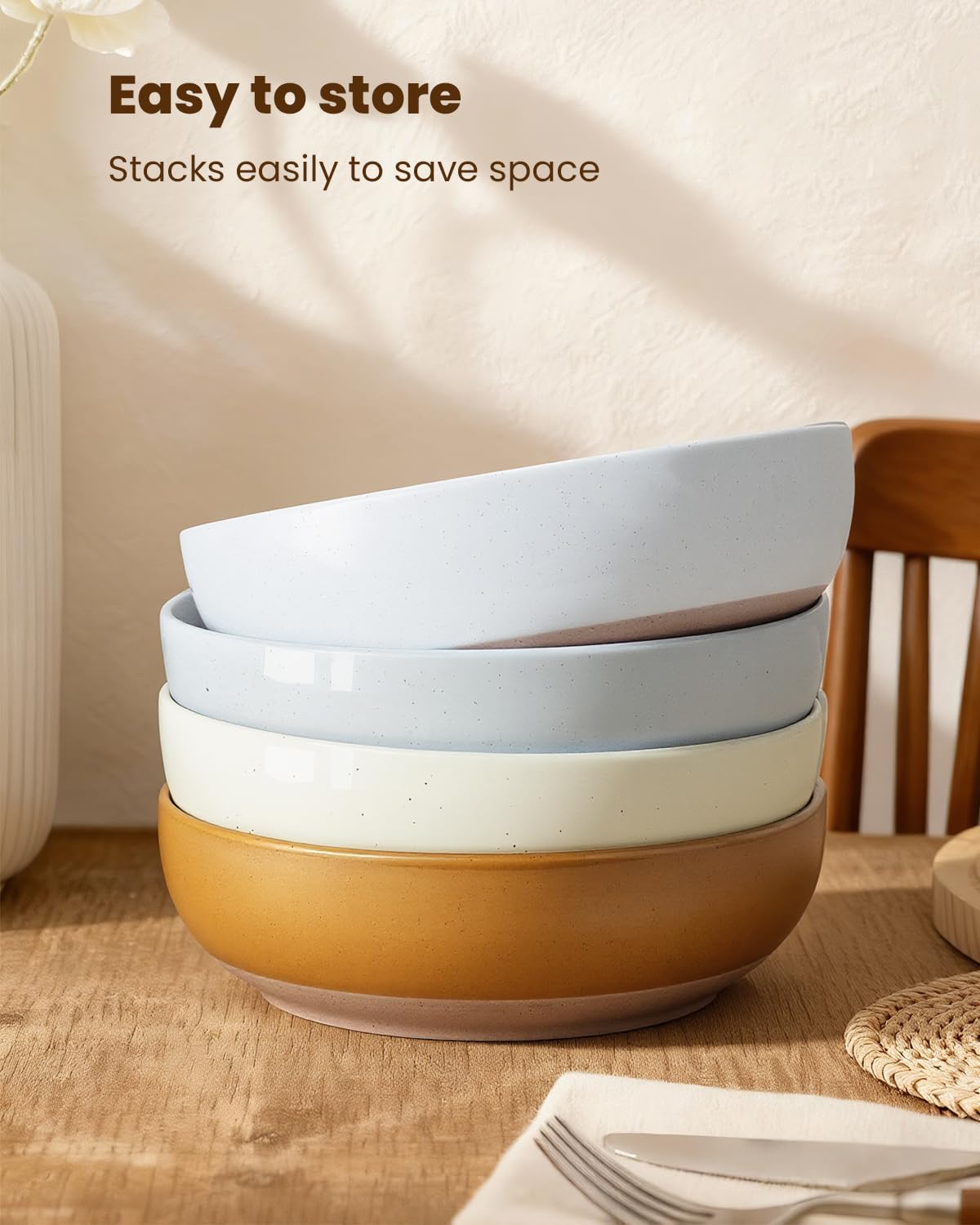 Pasta Bowls Set of 8, 34oz Speckled Ceramic Bowls Set for Serving Salad, Pasta, Soup, Dinner, 8" Wide and Deep Bowls, Dishwasher & Microwave Safe, Matte Terracotta Base (Mixed Color)