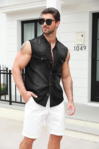 Miniatura 2 de Ryannology Mens Denim Sleeveless Shirts Cowboy Jean Vest Casual Button Down Slim Fit Work Cotton Tops with Pockets