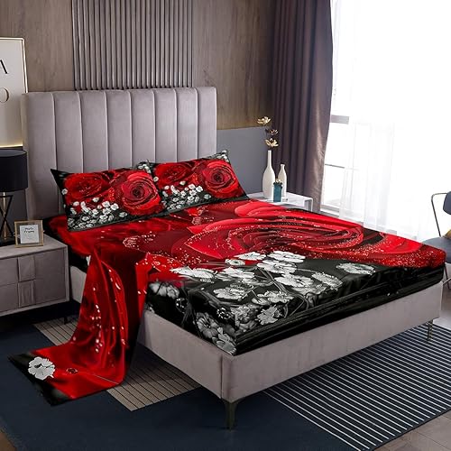 Juego de sábanas con estampado de rosas rojas, tamaño King, ropa de cama con estampado 3D, sábanas botánicas para el día de San Valentín, juego de