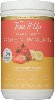 Tone It Up Plant Based Protein + Immunity Powder I Dairy Free, Gluten-Free, Kosher, Non-GMO Pea & Chia Seed Protein and Oat Milk for Women I 14 Servings, 15g of Protein + Vitamin C – Strawberry Banana
