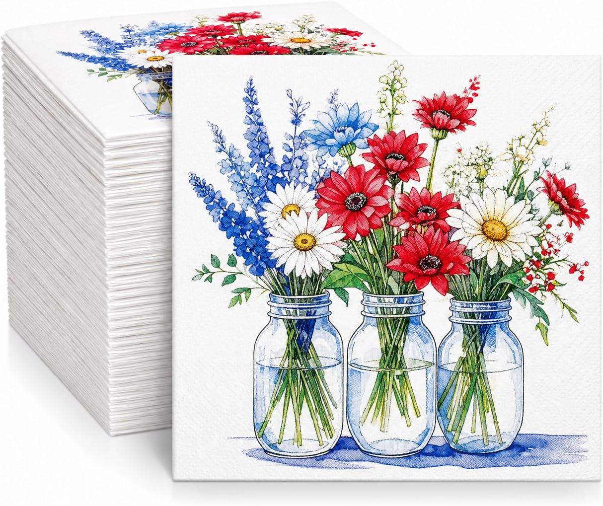 Gift Boutique Patriotic Cocktail Napkins 100 Pack Disposable Beverage Napkins 4th of July Red White Blue Floral Independence Day Party Supplies