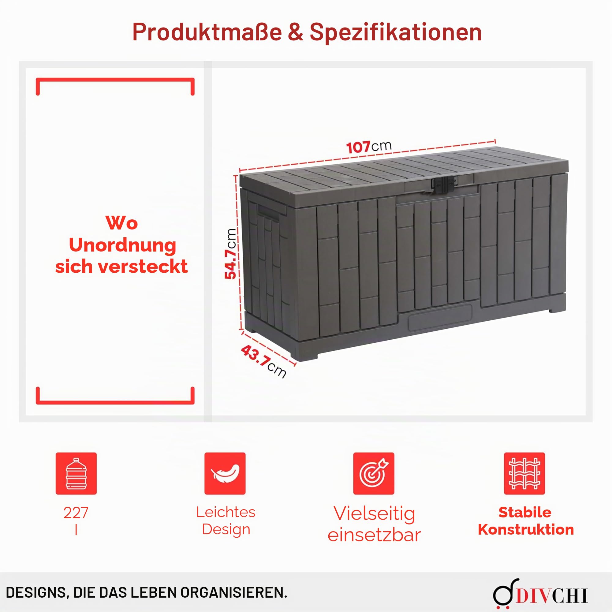DIVCHI Outdoor Aufbewahrungsbox wasserdichte Deckbox für Gartengeräte Terrassenkissen und Poolzubehör Abschließbar Einfache Montage Vielseitige Bank oder Tisch (60 Gallonen)