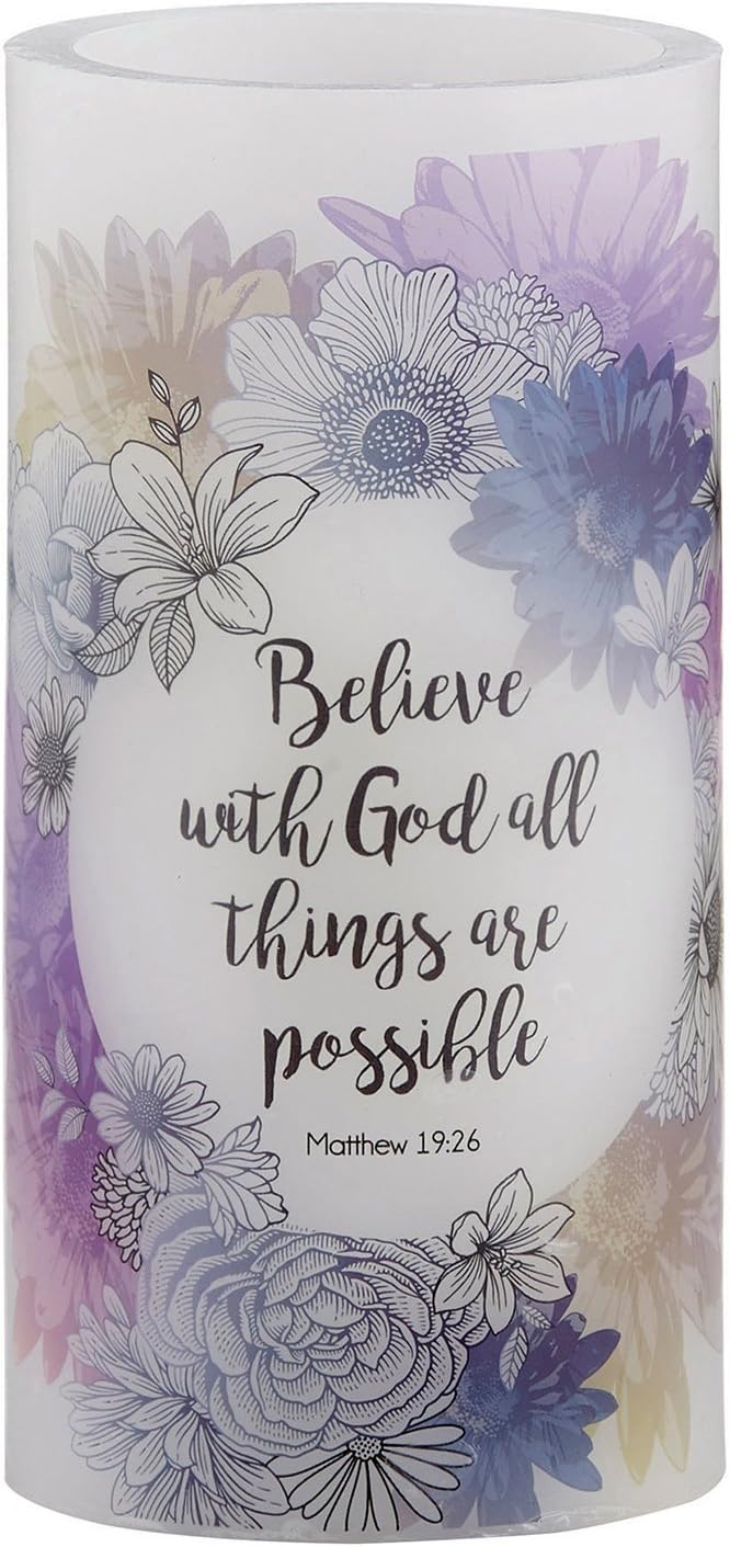 Creative Brands Faithworks-Inspirational LED Pillar Candle with Timer, 3 x 6-Inch, Matthew 19:26