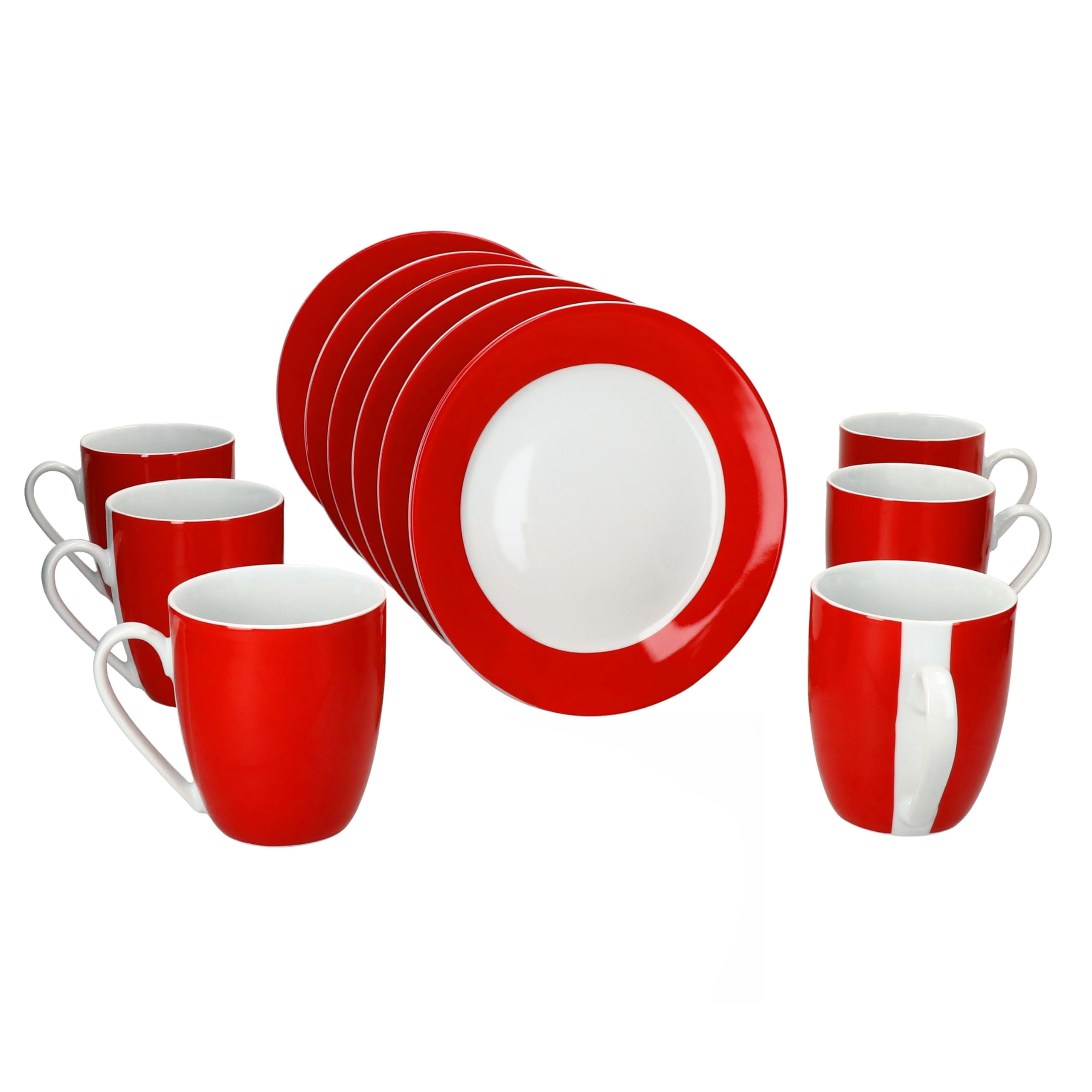 MamboCat Variant Rot 12tlg Frühstücksset I Je 6X kleine Teller & Kaffeebecher 350ml, Höhe 10,3cm für 6 Personen I Tasse, Kuchenteller I Porzellan-Geschirr für Frühstücks- & Kaffeezeit