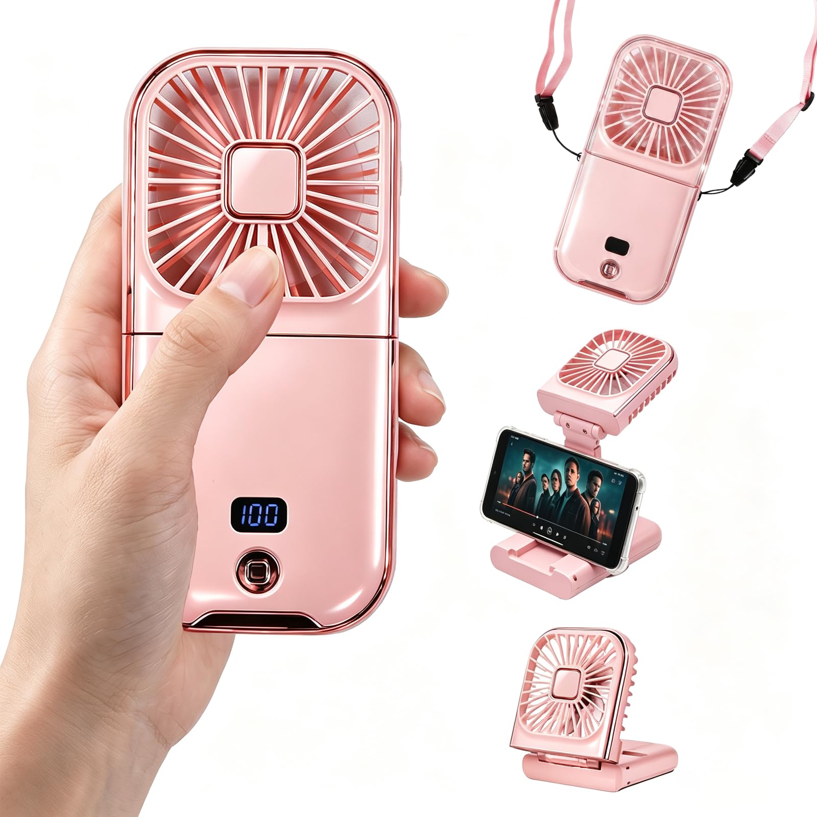 Peixiong USB Rechargeable 5-in-1 Portable Handheld Fan,Folding Handheld Fan,Portable Neck Fan,Desk Fan,Phone Holder Fan,180° Hand Fan Foldable,Mini Portable Fan (Pink)