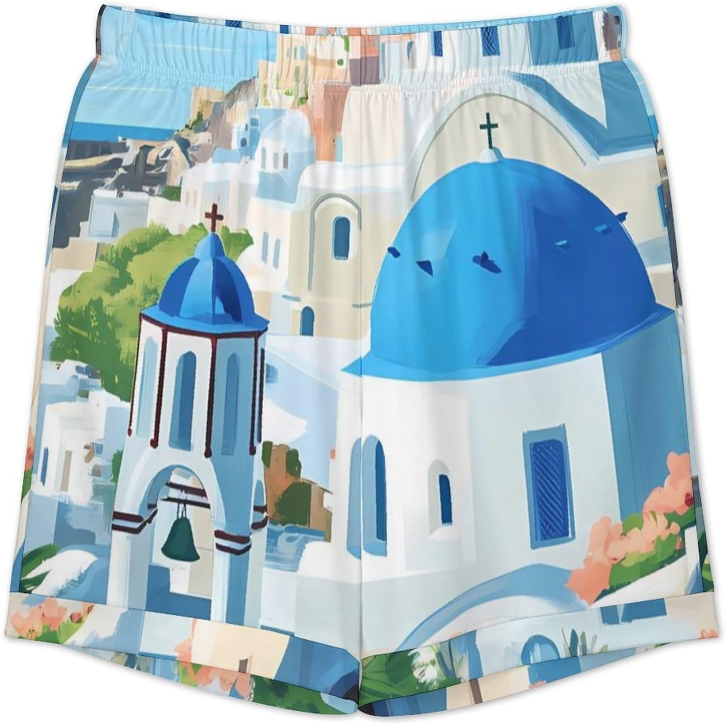 Santorini Greece Men's Short Sleeve Pajama Set Satin Silk Like Lounge Sleepwear