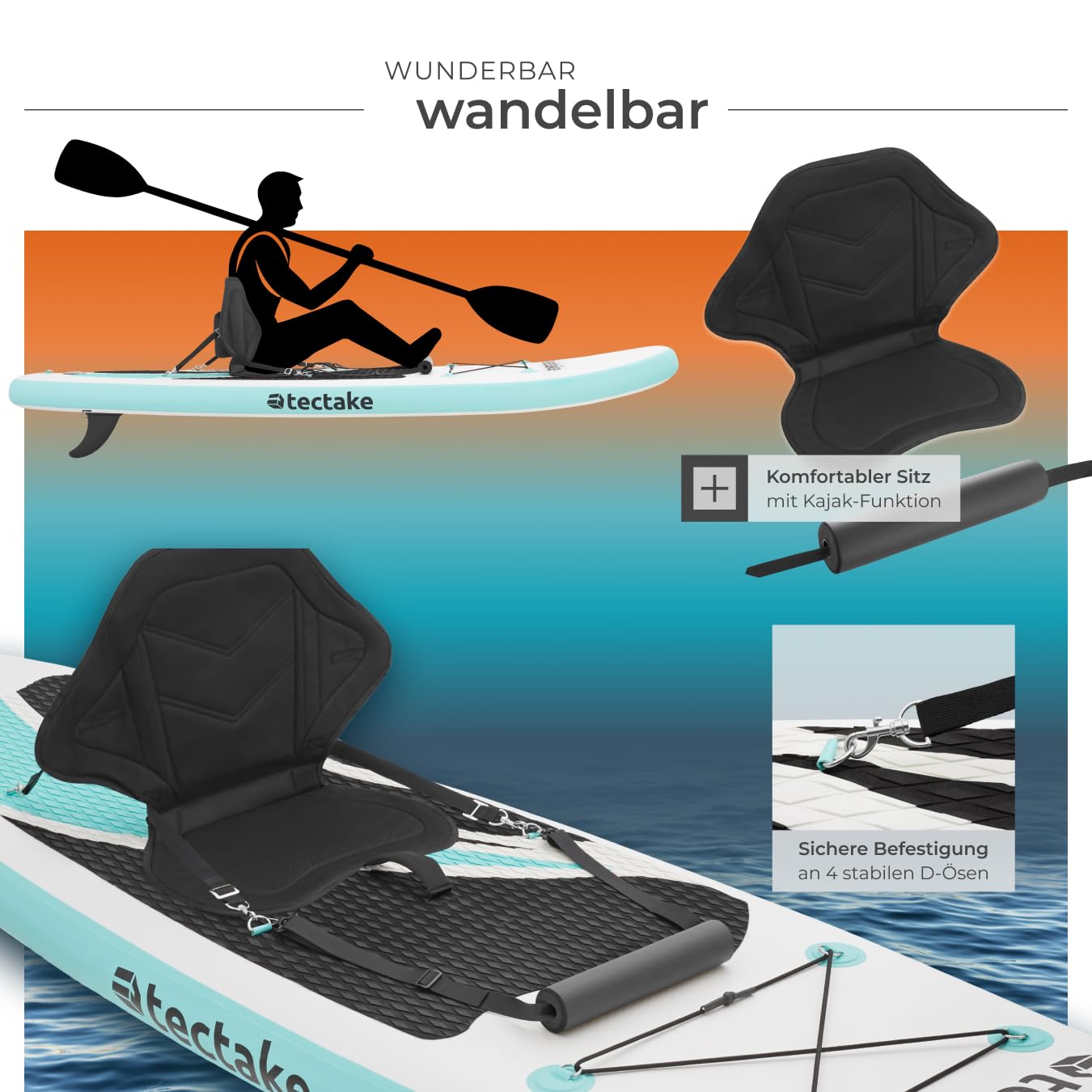 tectake® Stand Up Paddle Board, SUP aufblasbar, Standup, SUB mit Pumpe, Kajak Boot Sitz, Finnen, Rucksack, Doppelpaddel, Paddel, für Wassersport und Paddling, bis 200 kg belastbar - weiß/türkis