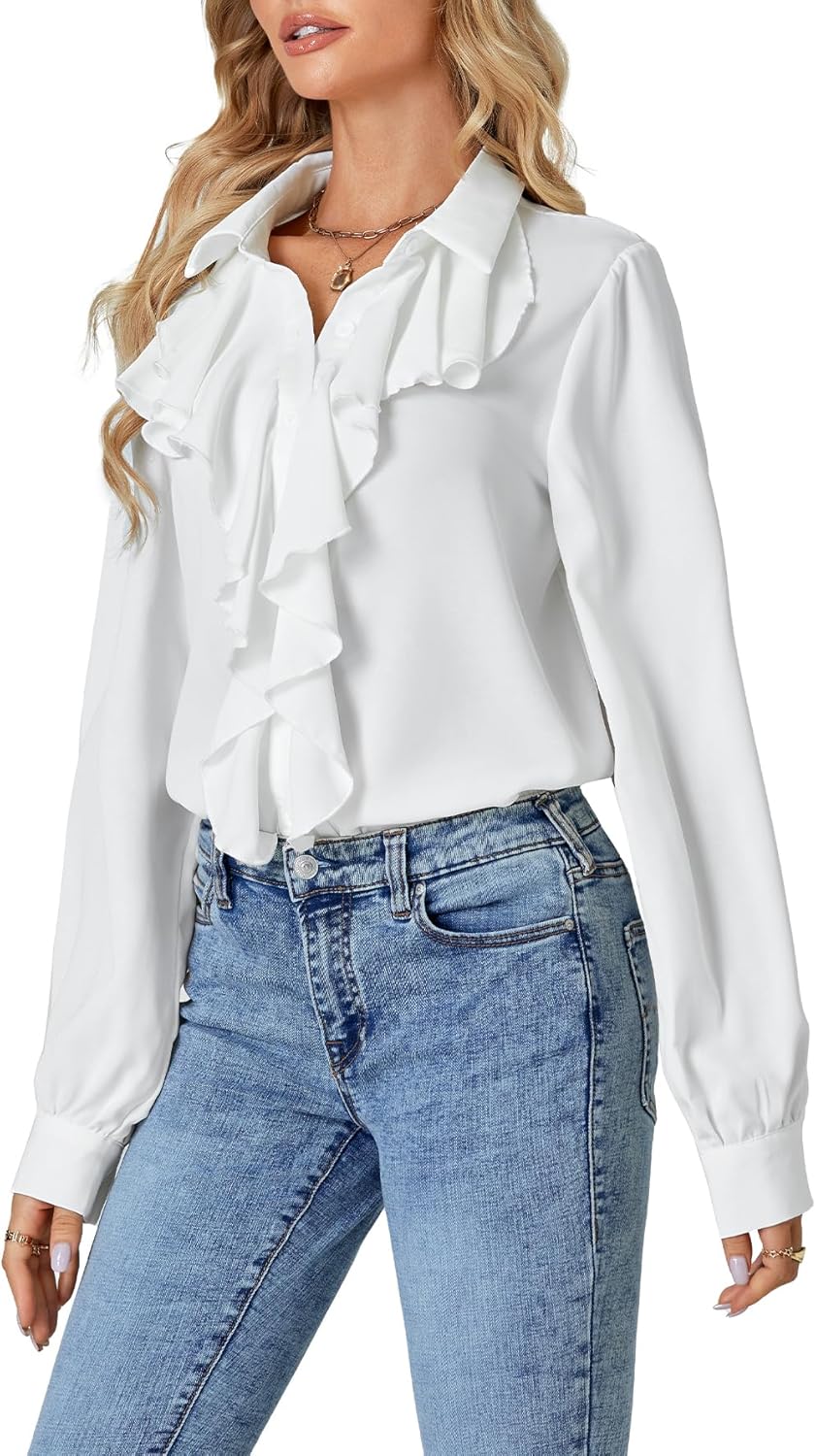 LYANER Women's Dressy Ruffle Blouse Long Sleeve Collar Neck Button Down Victorian Shirt Tops - Image 2