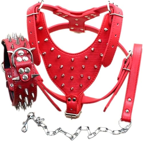 Bbmmayy Juego de arnés y collar de cuero para perro, adecuado para razas grandes, Bull Terriers, Dobermans, arnés de cuero duradero con tachuelas de