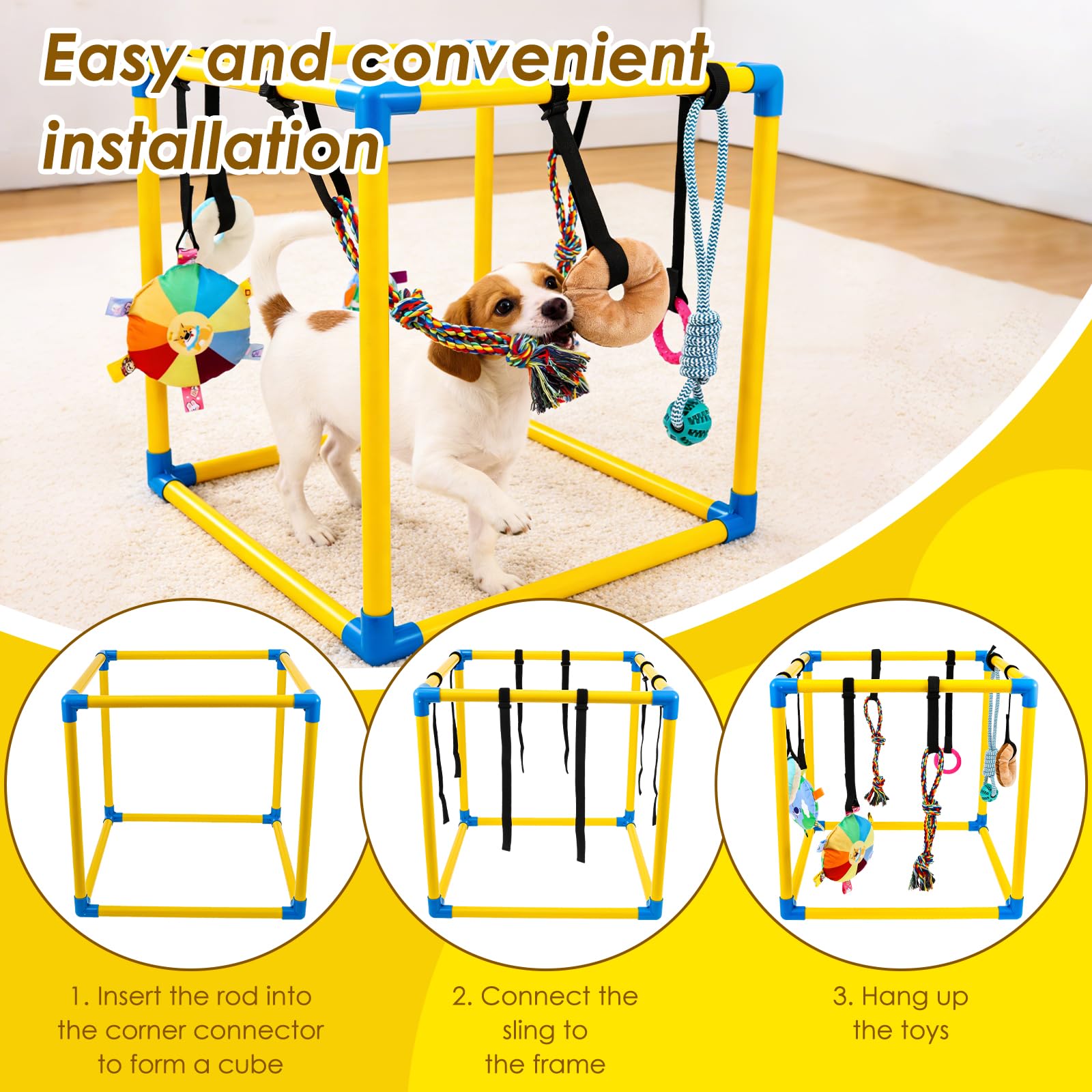 Welpen Spielzeug Set für drinnen, 50x50x50cm Welpen Spieltrapez mit 8 hängenden Kauspielzeugen & Klettverschlüssen, PVC-Rahmen zur Zahnung & Beschäftigung für kleine Hunde