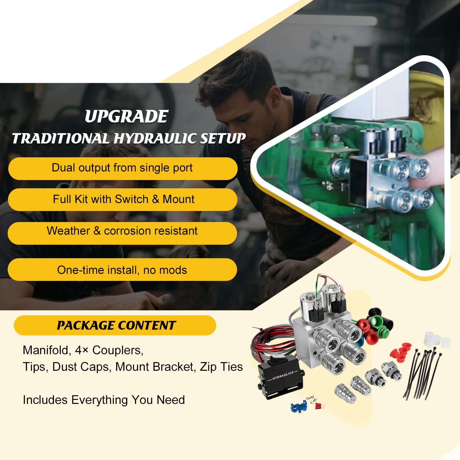 Hydraulic Multiplier Valve Kit | 2-Circuit SCV Splitter Diverter Manifold with Rocker Switch, Quick-Connect Couplers & Fittings 20 GPM, 3000 PSI