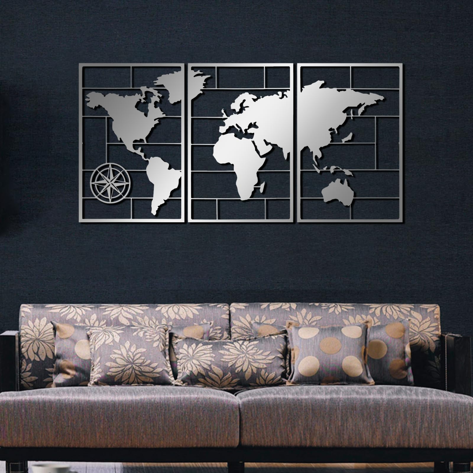 Genérico Arte de Pared de Metal Negro, 3 Piezas, Mapa del Mundo, Estilo 3D, decoración de Oficina, Arte de Pared de Metal, decoración artística, para Sala de Estar, Dormitorio, Pasillo y escaler