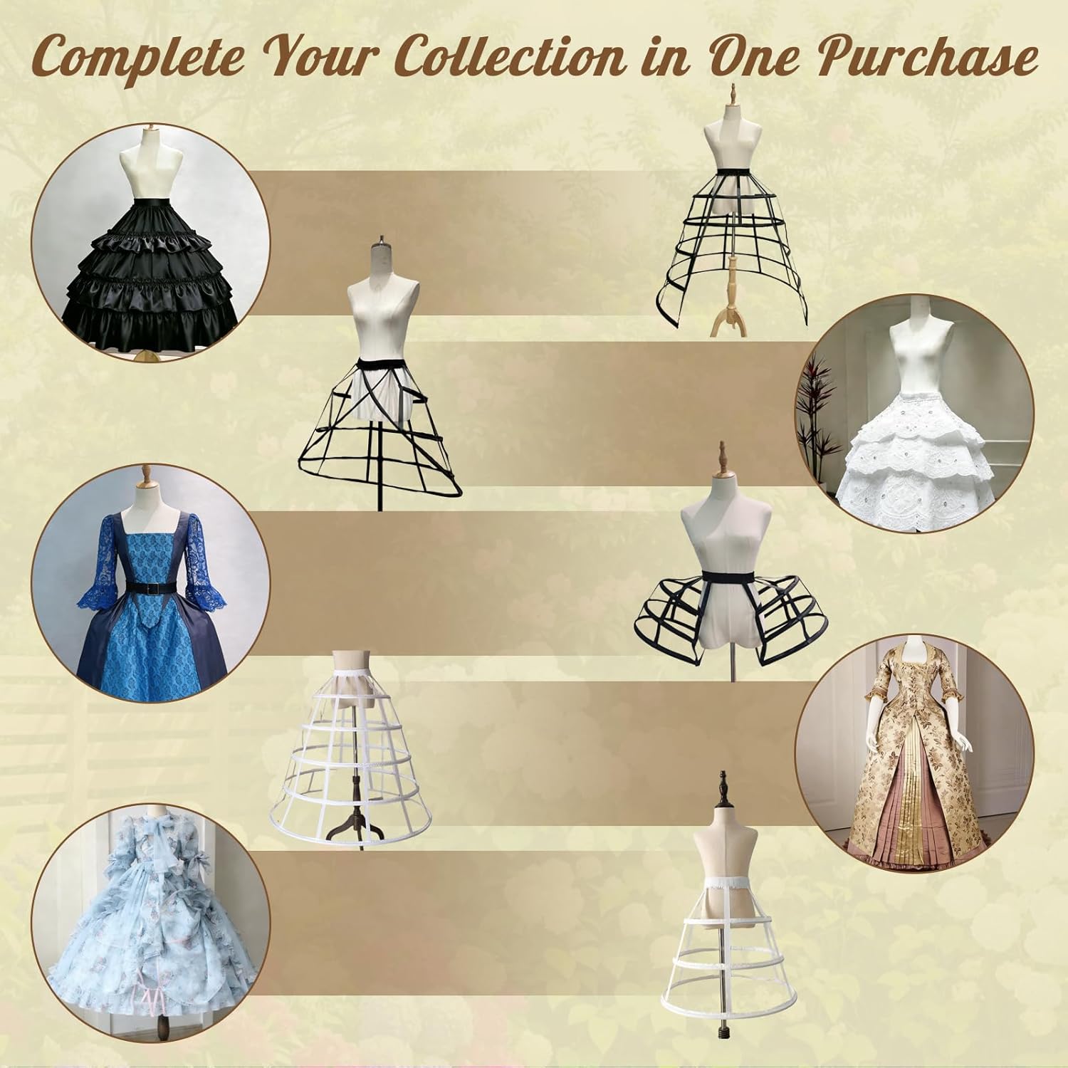 Nalwort 5 in 1 Pannier Petticoat, Victorian Hoop Skirt Set, Bustle Cages for Women, Versatile Cage Skirt for Stage, Photography and Everyday Wear White,black