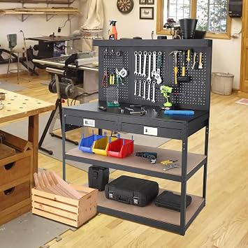 48'' Heavy-Duty Workbench, 3-Tier Metal Work Benchs with 2 Drawers, 1000 LBS Workshop Workstation with Pegboard, Power Outlets with ETL Certified for Garage, Office