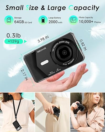 Miniatura 5 de Cámara digital 4K, cámara digital Wevoor de 64MP para apuntar y disparar con enfoque automático, zoom 18X, 20 filtros, tarjeta SD de 64 GB, batería