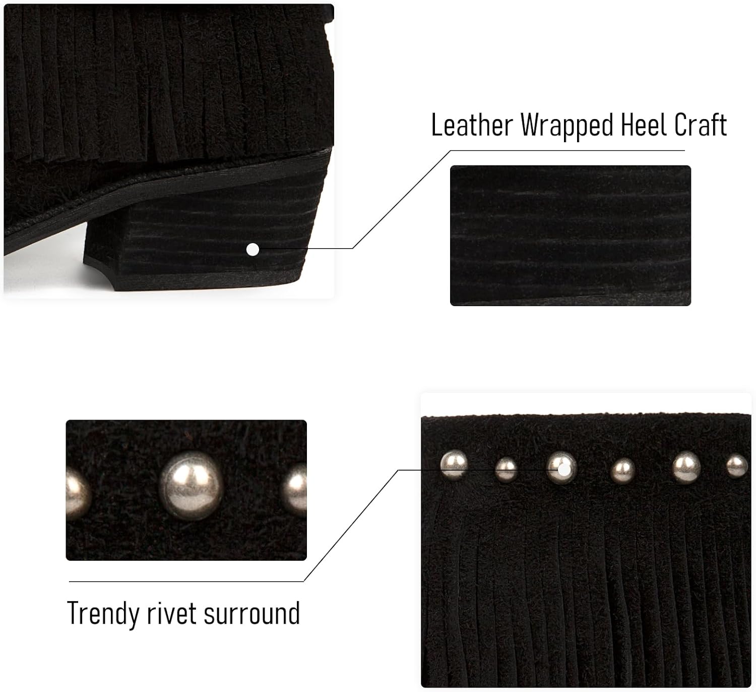 Genuine Leather Fringe Ankle Boots for Women Suede Pointed Toe Elastic Short Boots Block Chunky Heels Western Fall Booties Women with Zipper Causal Dress Country Music Festival