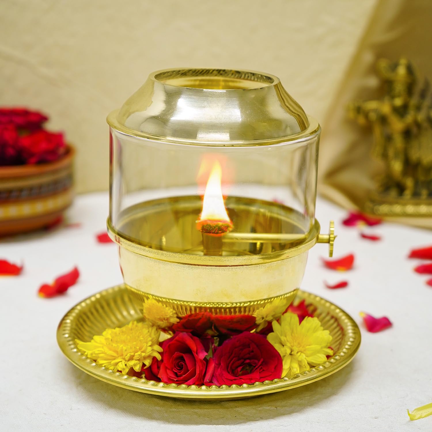 Ekhasa 100% Pure Brass Akhand Jyot Diya with Adjustable Bati Knob, Wick Lifting Screw Lever, Glass Cover (Large Size, 250 ml Oil Capacity, Stay Lit for 48 Hours, Wick Included, Authentic Borosilicate)