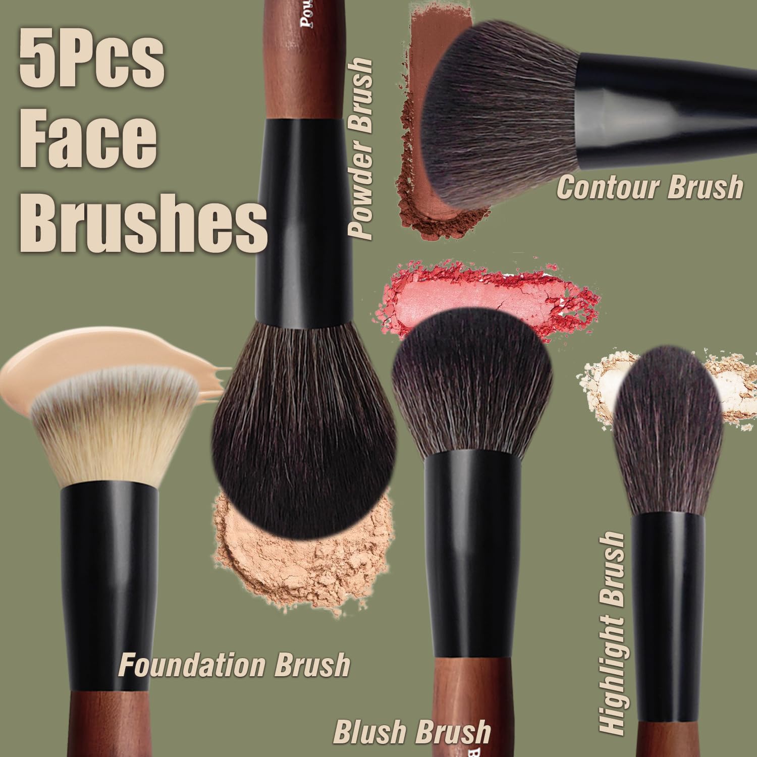 Juego de brochas de maquillaje, 16 piezas, cerdas sintéticas, asas de madera (negro)