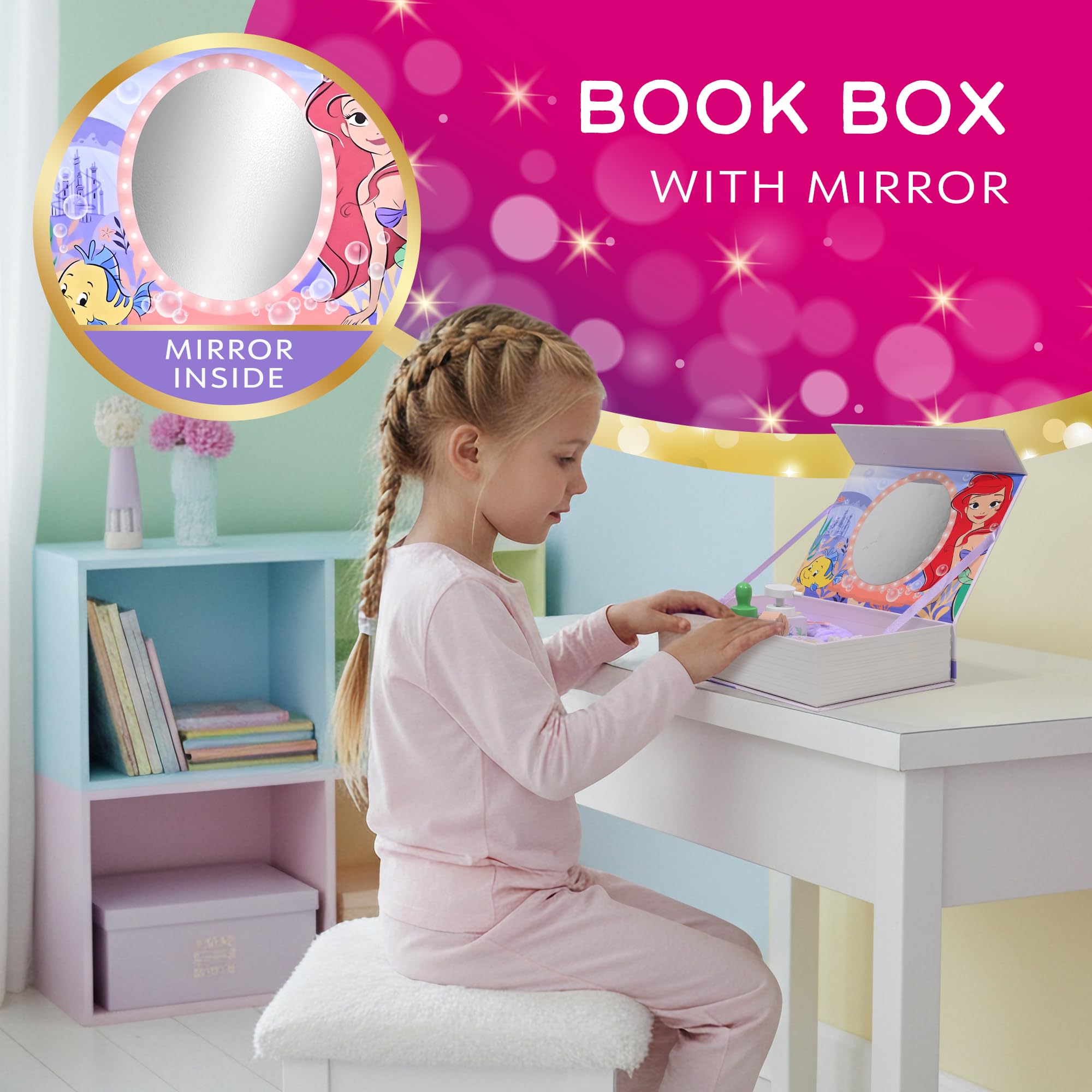 Disney Princess Ariel Wooden Spa Set for Kids, 18 Piece Pretend Beauty Playset with Mirror Book Box - Image 2