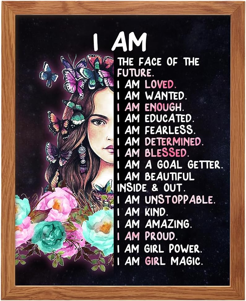 Teen Girls Bedroom Wall Art FRAMED - Positive Quotes - I Am Tween Little Girls Bedroom Decor - Cute Daughter Gifts - Inspirational Sayings for Wall Decor - Positive Affirmations Poster 8X10