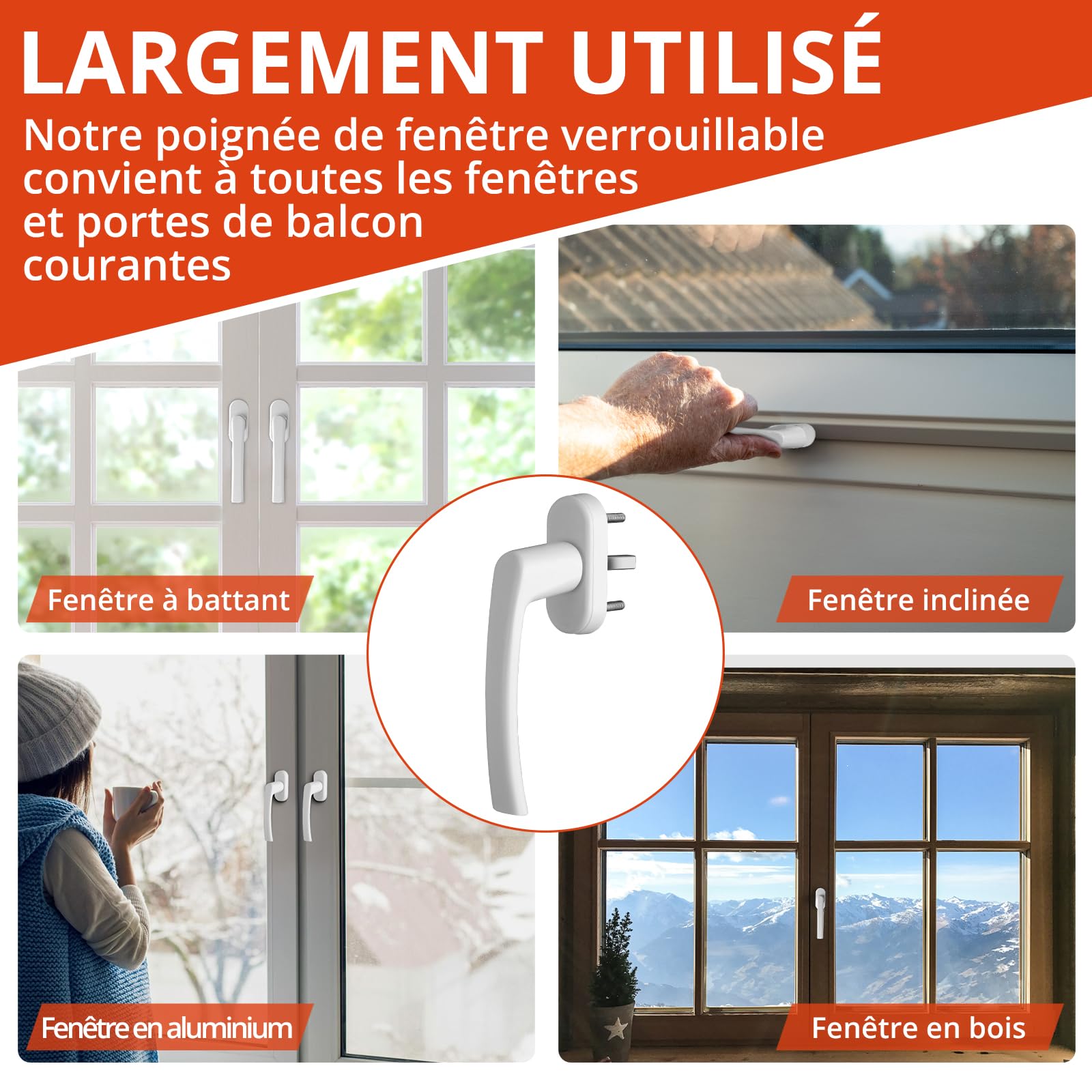 GETLITOOL Poignée de Fenêtre Blanche Aluminium sans Clé Sécurité Enfant Longueur de Tige 35mm