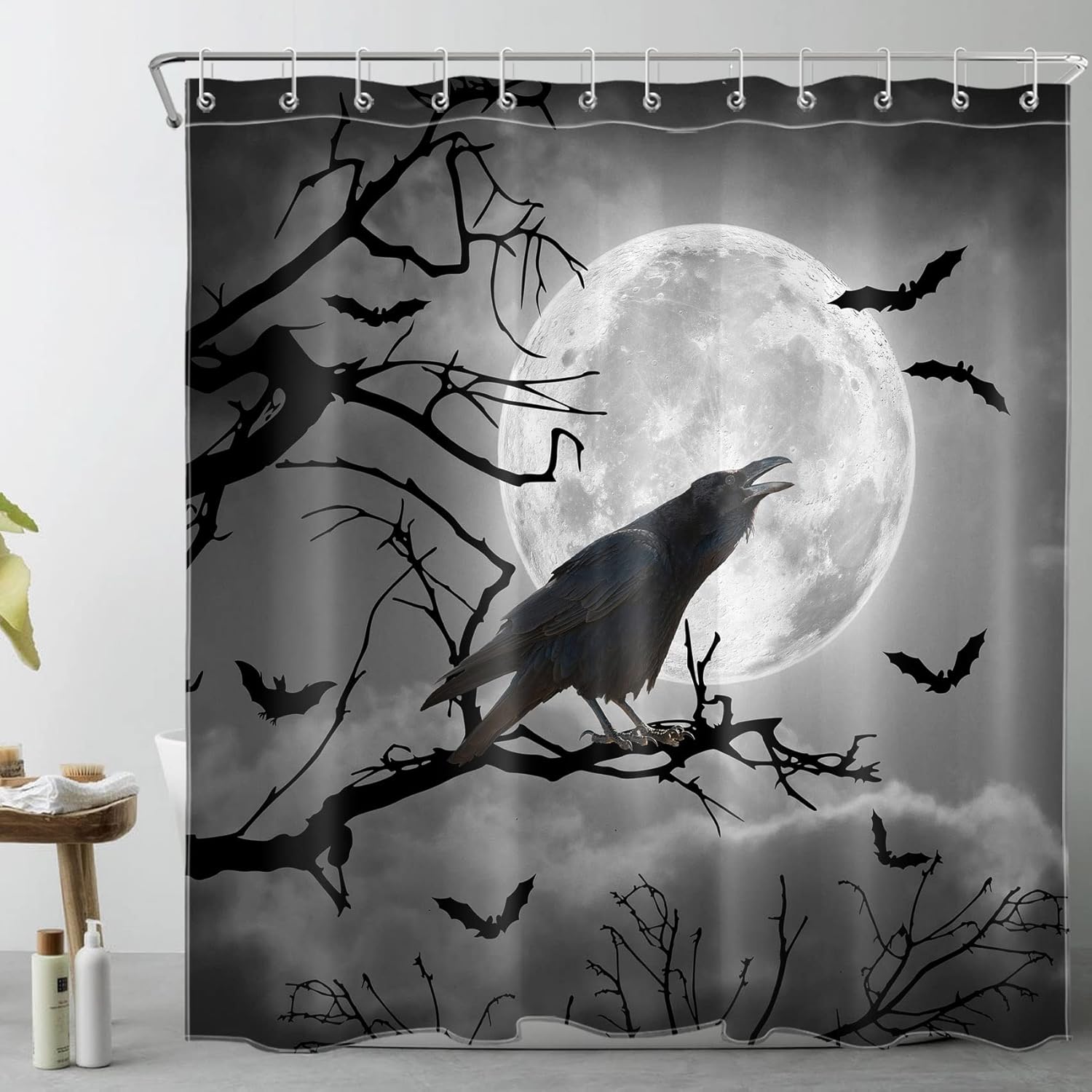 AUEEA Halloween Crow Shower Curtain for Bathroom Black Bat Dead Tree and Full Moon
