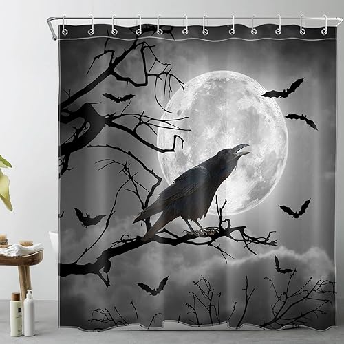 LB Cortina de ducha gris de Halloween, cuervo negro sobre árbol muerto, juego de cortina de ducha de luna de terror, murciélago aterrador en bosque
