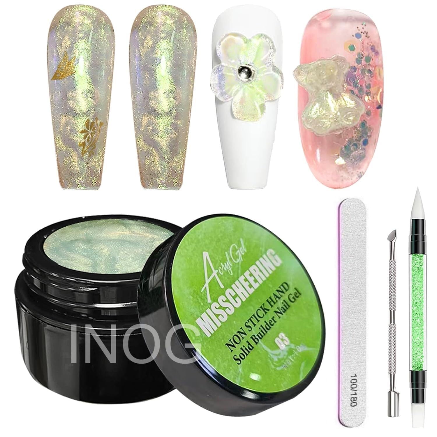 INOG Solid Builder Gel Kit for Nails, Aurora Shimmer Hard Gel for Nail Extension, Non-Sticky 3D Carving Sculpture Gel with Silicone Pen Decoration Mold for DIY Nail Art Home Salon Use (Aurora Green kit)-image-22