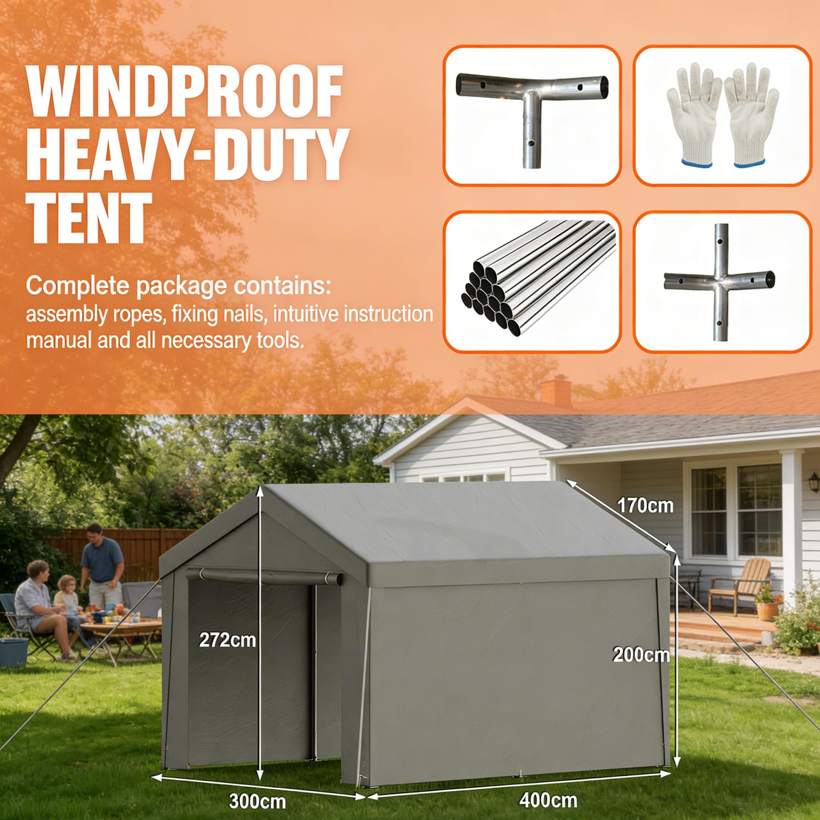 Tente de Garage 3x4m, Carport Abri Voiture avec Bâche PE & Porte Enroulable, Tente de Stockage Pliant Exterieur avec Parois Latérales Amovibles pour Moto Vélos Outils, Gris