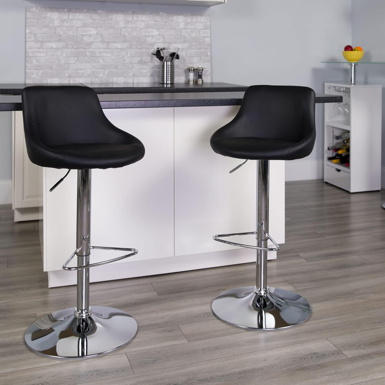 Offex Height Adjustable Swivel Bucket Seat Vinyl Upholstered Barstool with Chrome Base - Black